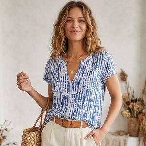 Pilcro Anthropologie Indigo Dye Lightweight Cotton Blend V-Neck Top S Coastal